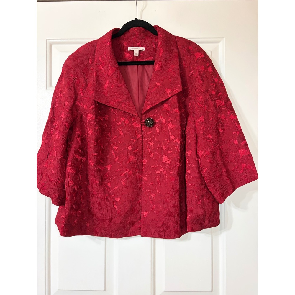 JM Collection | Floral Brocade 3/4 Sleeve Jacket | 20W || Red|